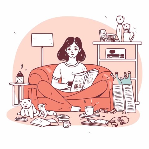 Woman reading a book at home. Hand drawn vector illustration in