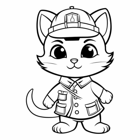 Black and White Cartoon Illustration of Cute Cat firefighter Col