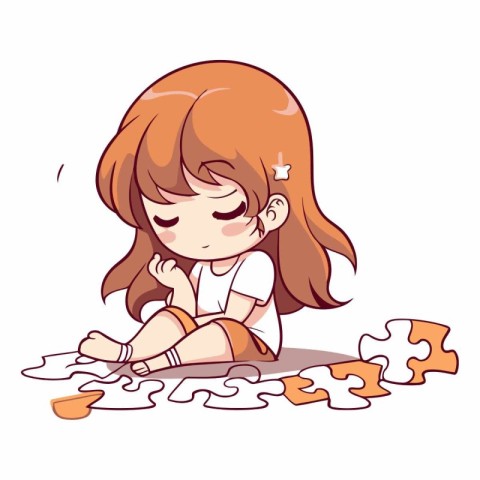 Cute little girl playing with jigsaw puzzle.