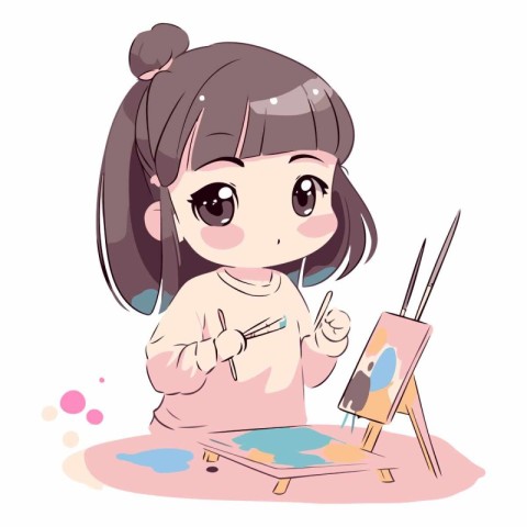 cute little girl painting a picture with paintbrush vector illus