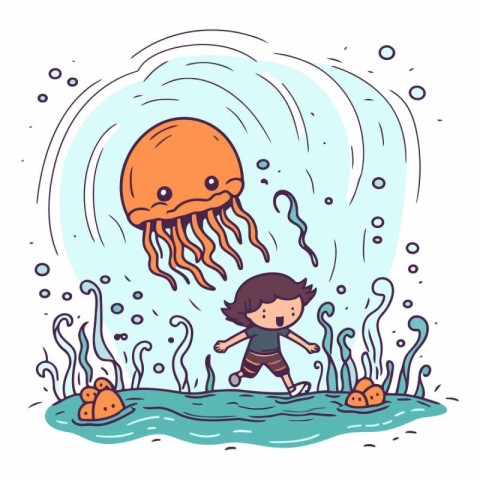 Little boy and jellyfish swimming in the sea.