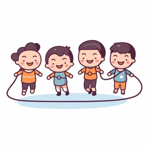 Cute kids playing jumping rope vector illustration. Cartoon kids