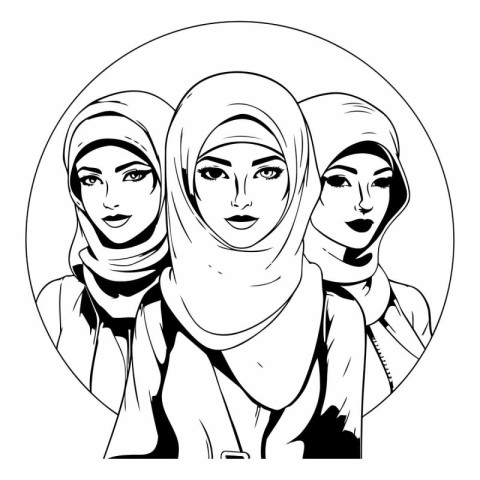 Hijab women in a circle icon. Black and white vector illustratio