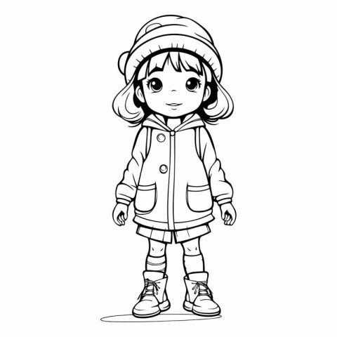 Cute little girl in winter coat. hat and boots.