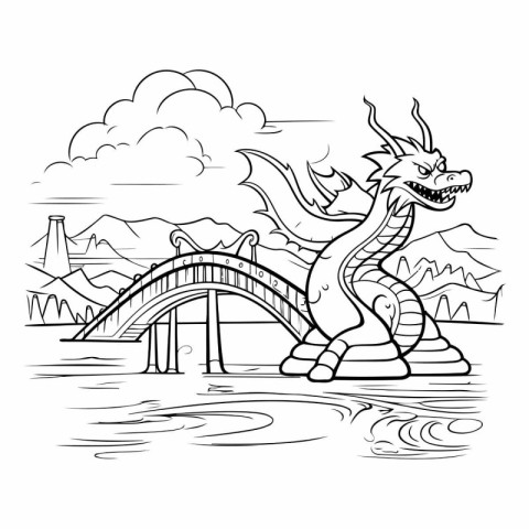 Dragon on the bridge. Black and white vector illustration for co