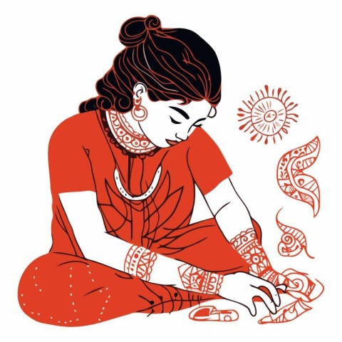 Beautiful Indian woman sitting on the floor in a linear style.