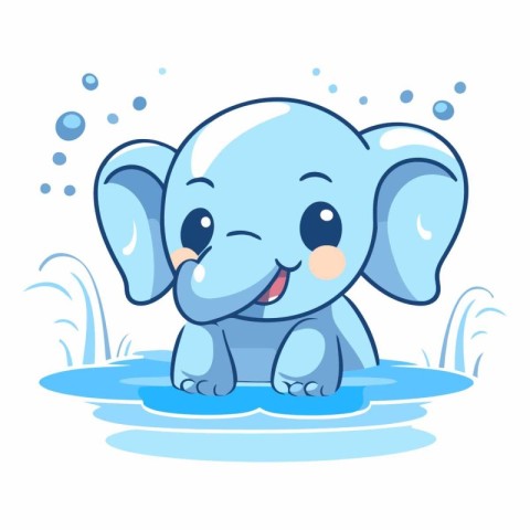 Cute cartoon baby elephant in puddle on white background.