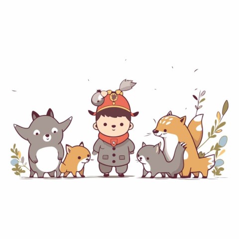 Cute little boy in a hat with foxes and squirrels