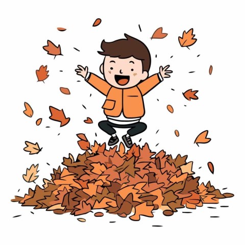 Happy boy jumping on a pile of autumn leaves.