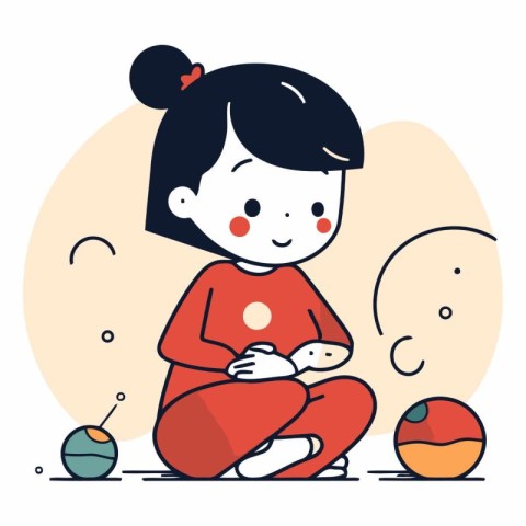 Cute little girl playing with toys in cartoon style.