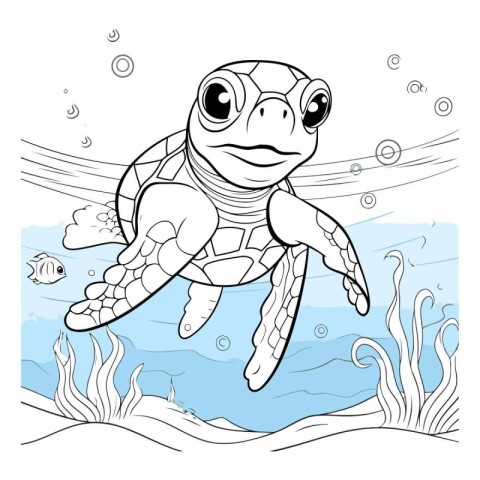 Cute cartoon turtle swimming in the sea. Coloring book for child