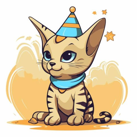 Cute cartoon cat in a party hat on white background.