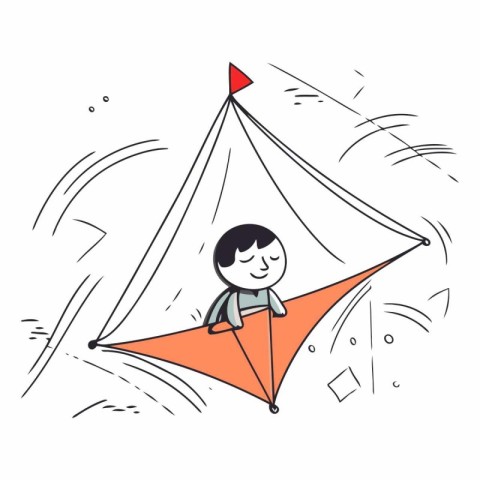 Cartoon little boy flying on a paper kite.