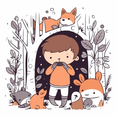 Cute little boy and animals in the forest.