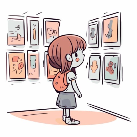 Illustration of a Kid Girl Looking at Picture Frames in Art Gall