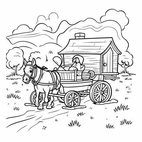 Horse drawn carriage in the countryside. Black and white vector