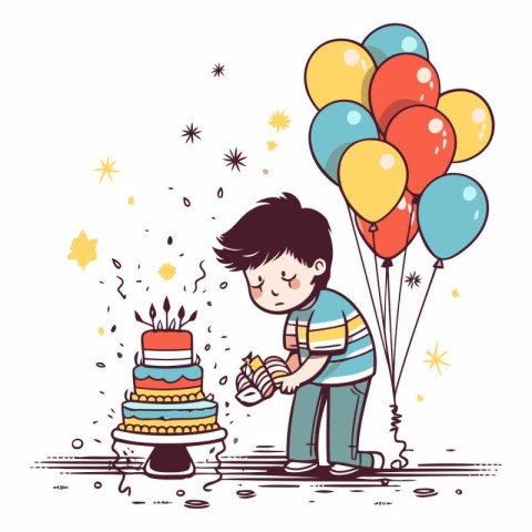 Cute boy with birthday cake. balloons and confetti.