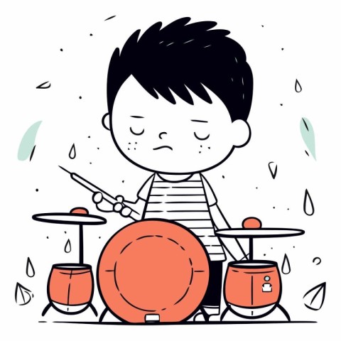 Cute little boy playing drums in cartoon style.