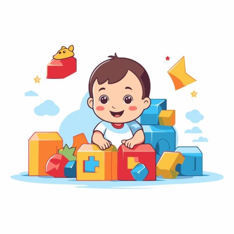 Cute little baby boy playing with toys. Vector flat cartoon illu