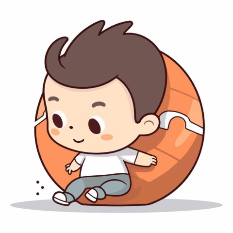 Cute boy sitting on inflatable lifebuoy.