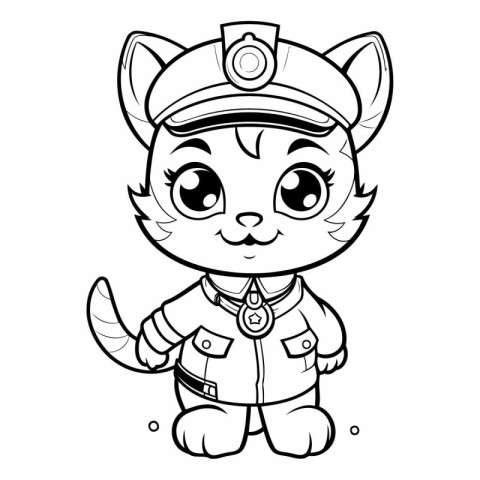 Black and White Cartoon Illustration of Cute Cat Captain Charact