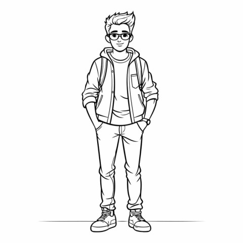 Hipster young man standing with hands in pockets.