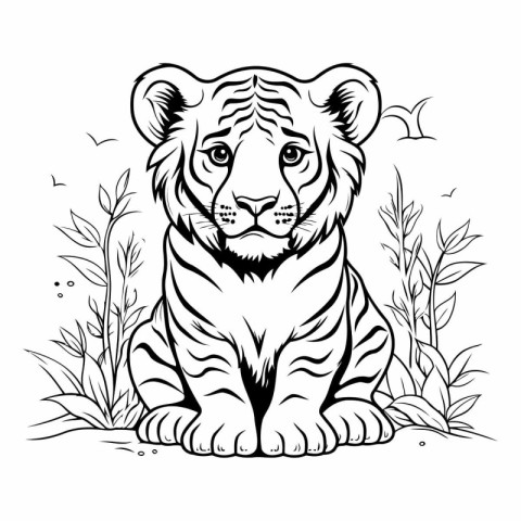 Tiger in the jungle. Black and white vector illustration for col