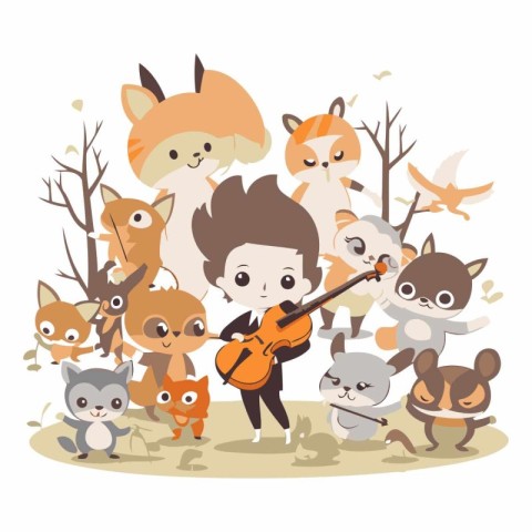 Vector illustration of children playing on the violin. Cute cart