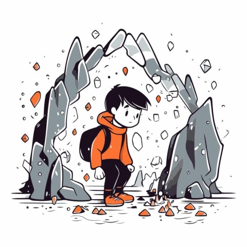 Little boy hiking in the mountains. Vector hand drawn sketch ill