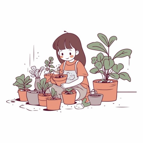 Illustration of a little girl planting a houseplant in a pot.