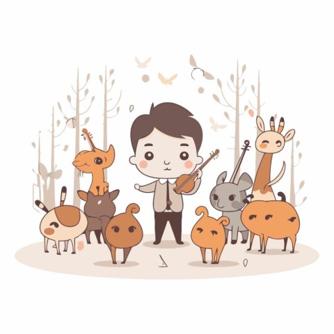 cute little boy playing guitar with cute animals in the forest v