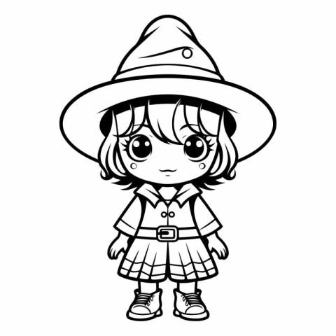 Black and White Cartoon Illustration of Cute Little Girl Wearing