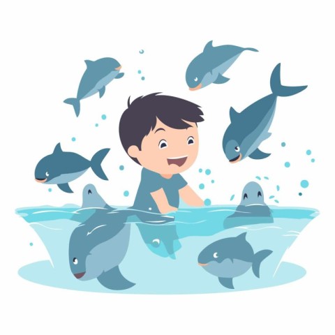 Cute little boy swimming with a group of fishes