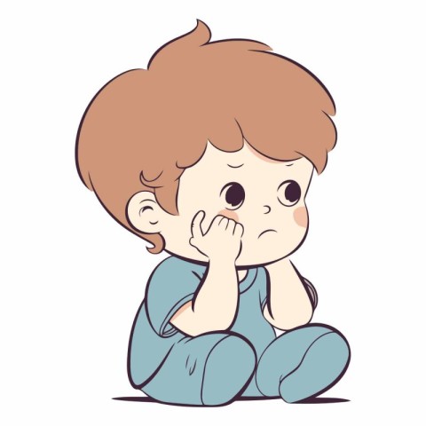 Illustration of a Cute Little Boy Crying While Sitting on the Fl