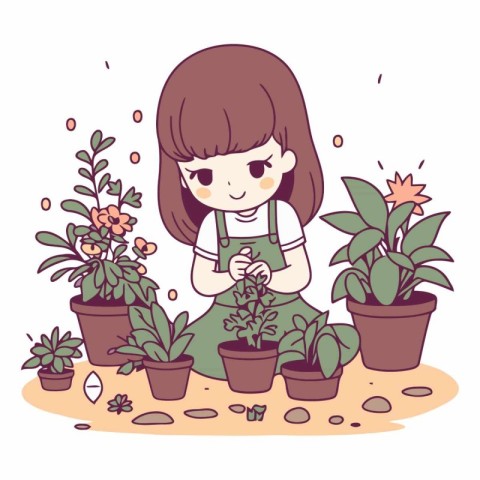 Cute little girl planting flowers in flowerpots.