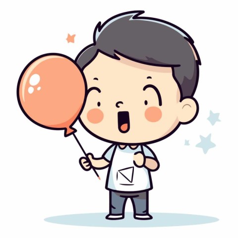 Surprised Boy Holding Balloon - Cute Cartoon Vector Illustration