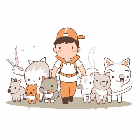 Vector illustration of a boy walking with a group of cute cartoo