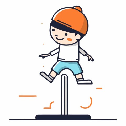 Cute boy jumping on a seesaw. Flat style vector illustration.