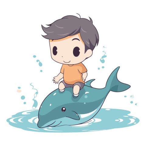 Vector illustration of a little boy playing with a whale on the