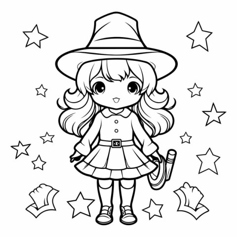 Coloring book for children: Little girl in a hat with a magic wa