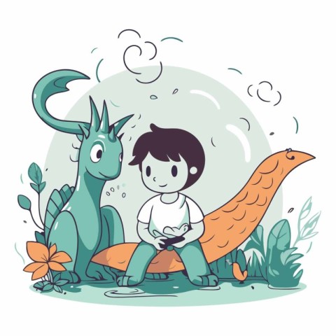 Little boy playing with a dinosaur in cartoon style.