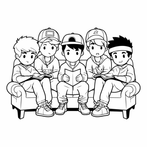 set of boys with baseball cap and cap sitting on sofa vector ill