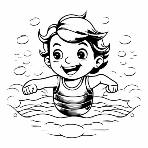 Cartoon little girl swimming in a pool - black and white vector