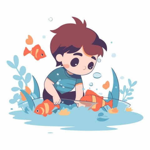 Cute little boy playing with fishes in the water