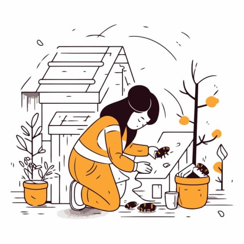 Vector illustration of a woman working in apiary. Beekeeping. ap