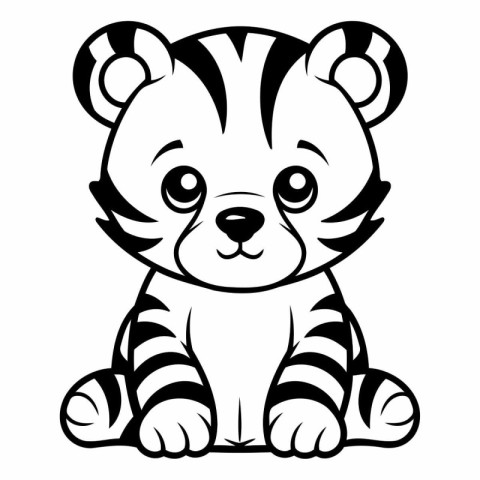 Cute cartoon tiger. Black and white vector illustration isolated