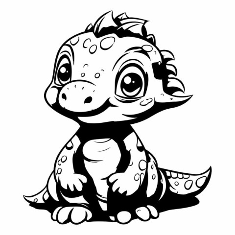 Illustration of Cute Cartoon Dinosaur - Black and White Cartoon