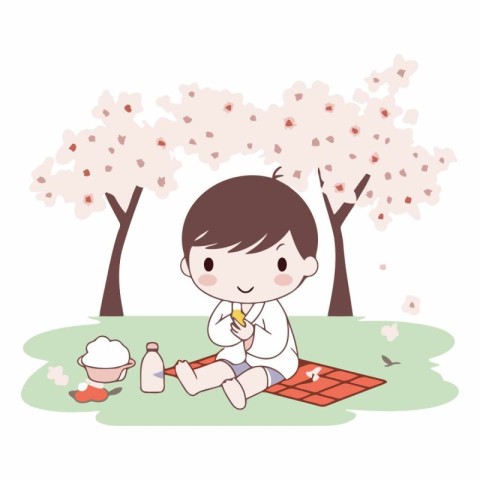 cute boy picnic in the park with cherry blossom background vecto