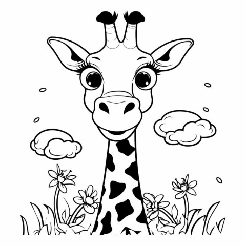 Giraffe with flowers and clouds. Coloring book for kids.