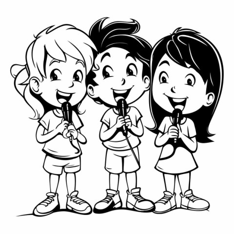 Children singing - Black and White Cartoon Illustration of Kids